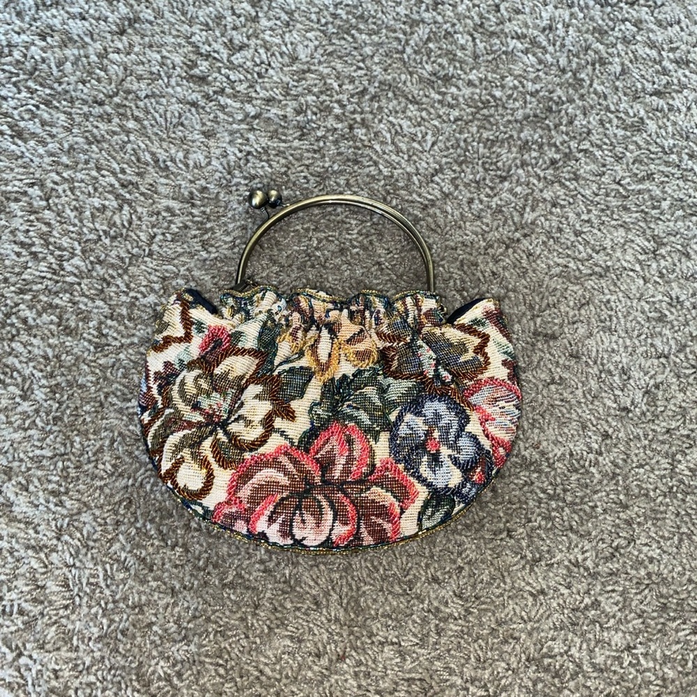A Gorgeous 90s Multi-Color Floral Print Purse W/ Bronze Metal Handle + Sequin